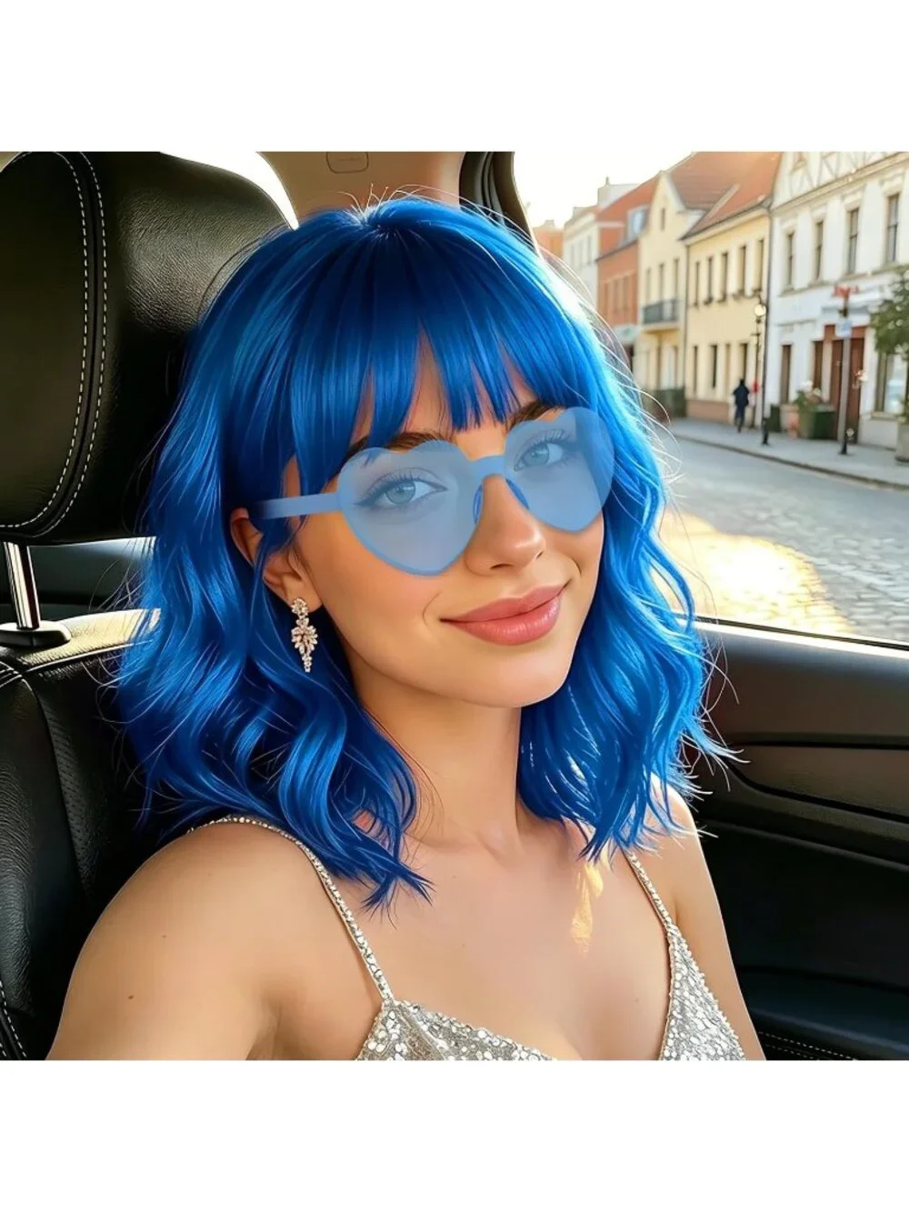 Women's Royal Blue Curly Bob Synthetic Wigs Bangs With Neon Heart Sunglasses